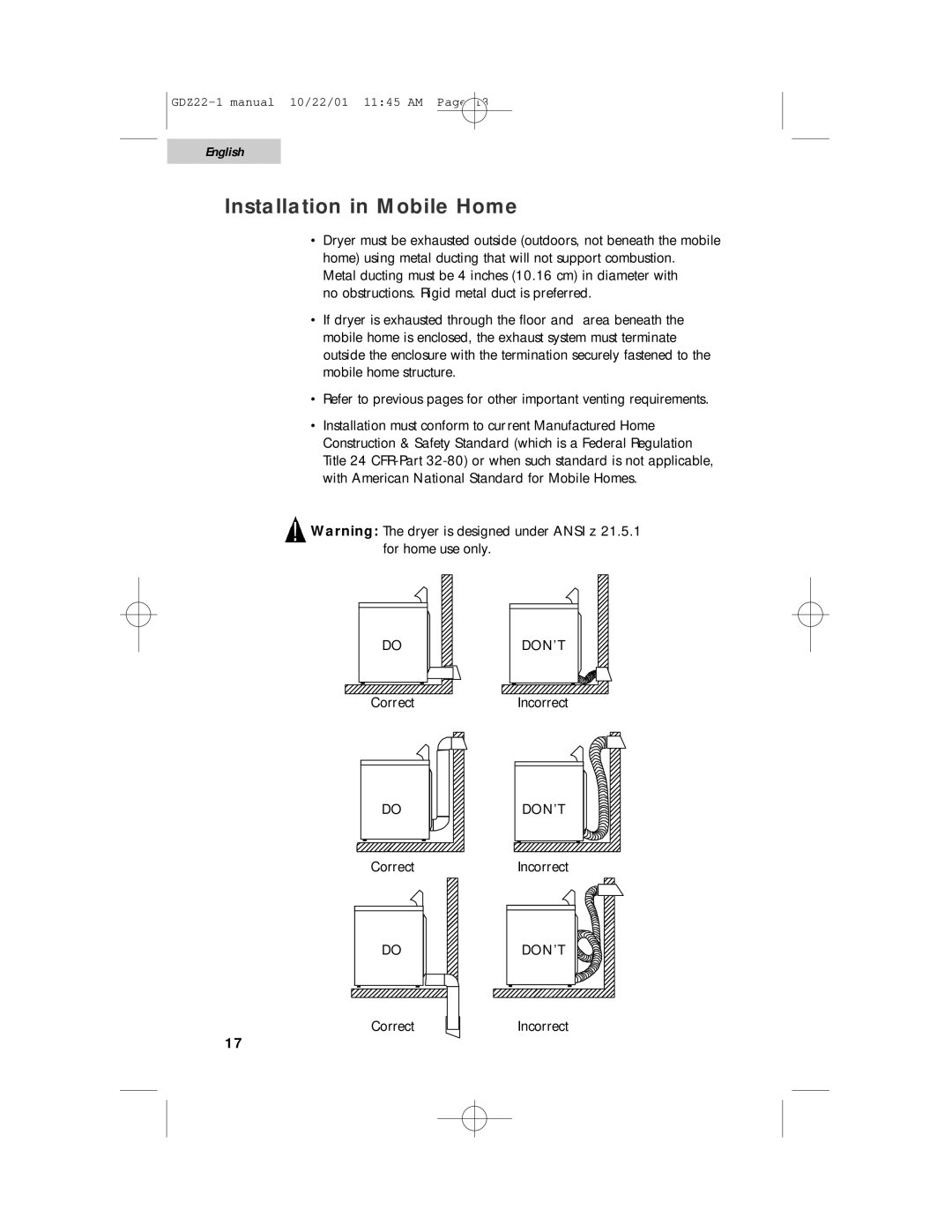 Haier GDZ22-1 user manual Installation in Mobile Home 