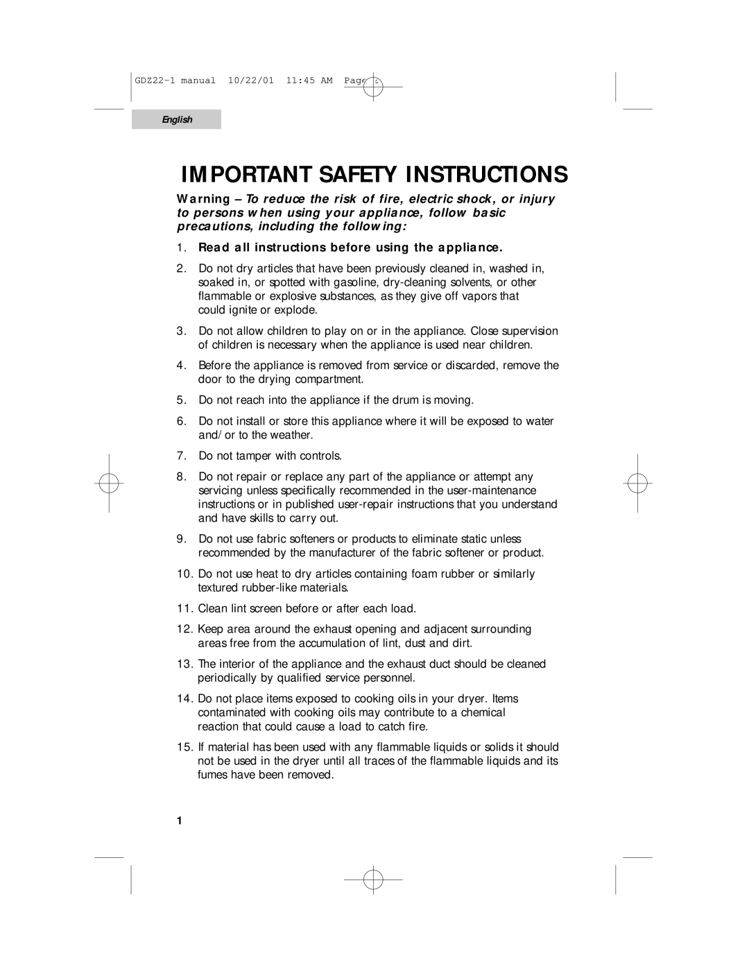 Haier GDZ22-1 user manual Important Safety Instructions, Read all instructions before using the appliance 