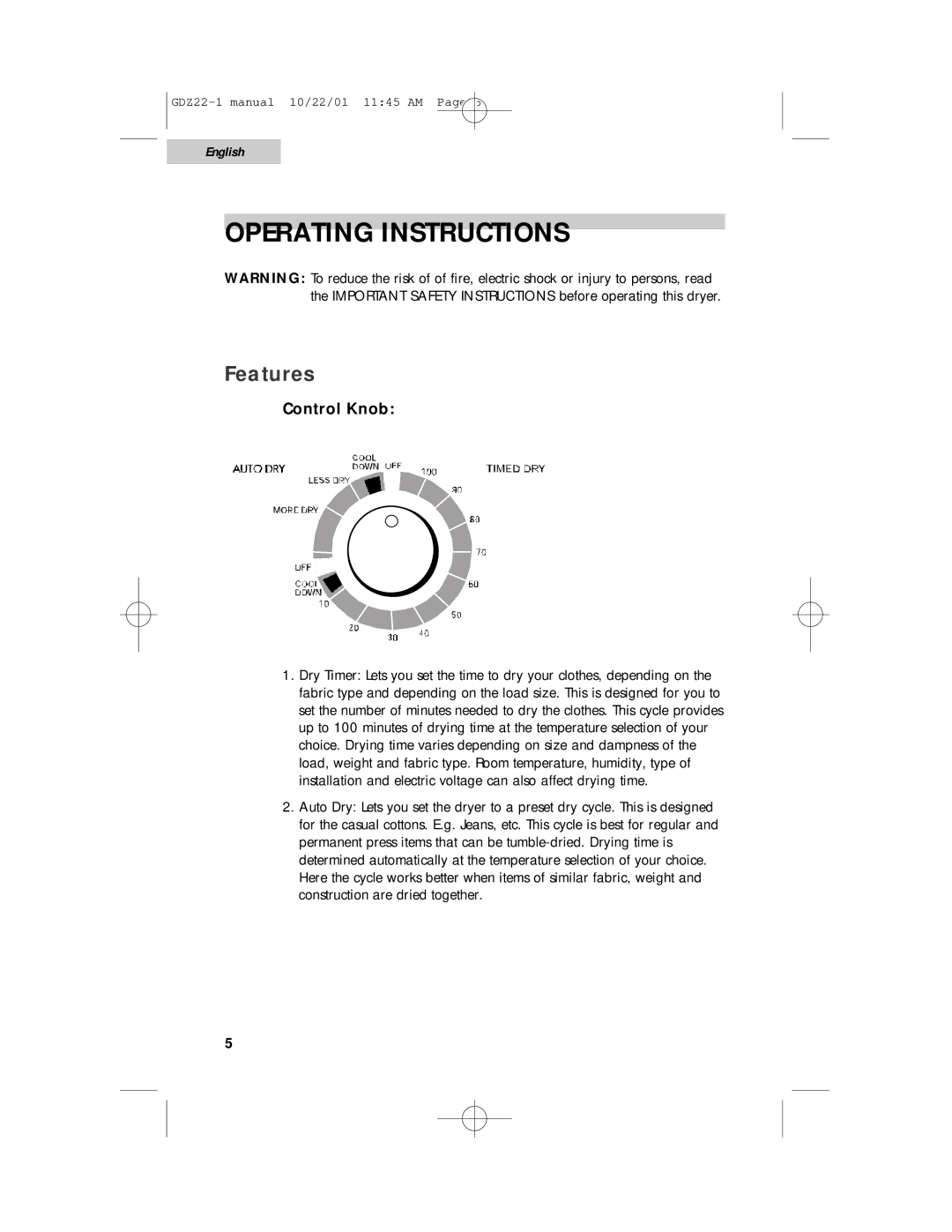 Haier GDZ22-1 user manual Features, Control Knob 