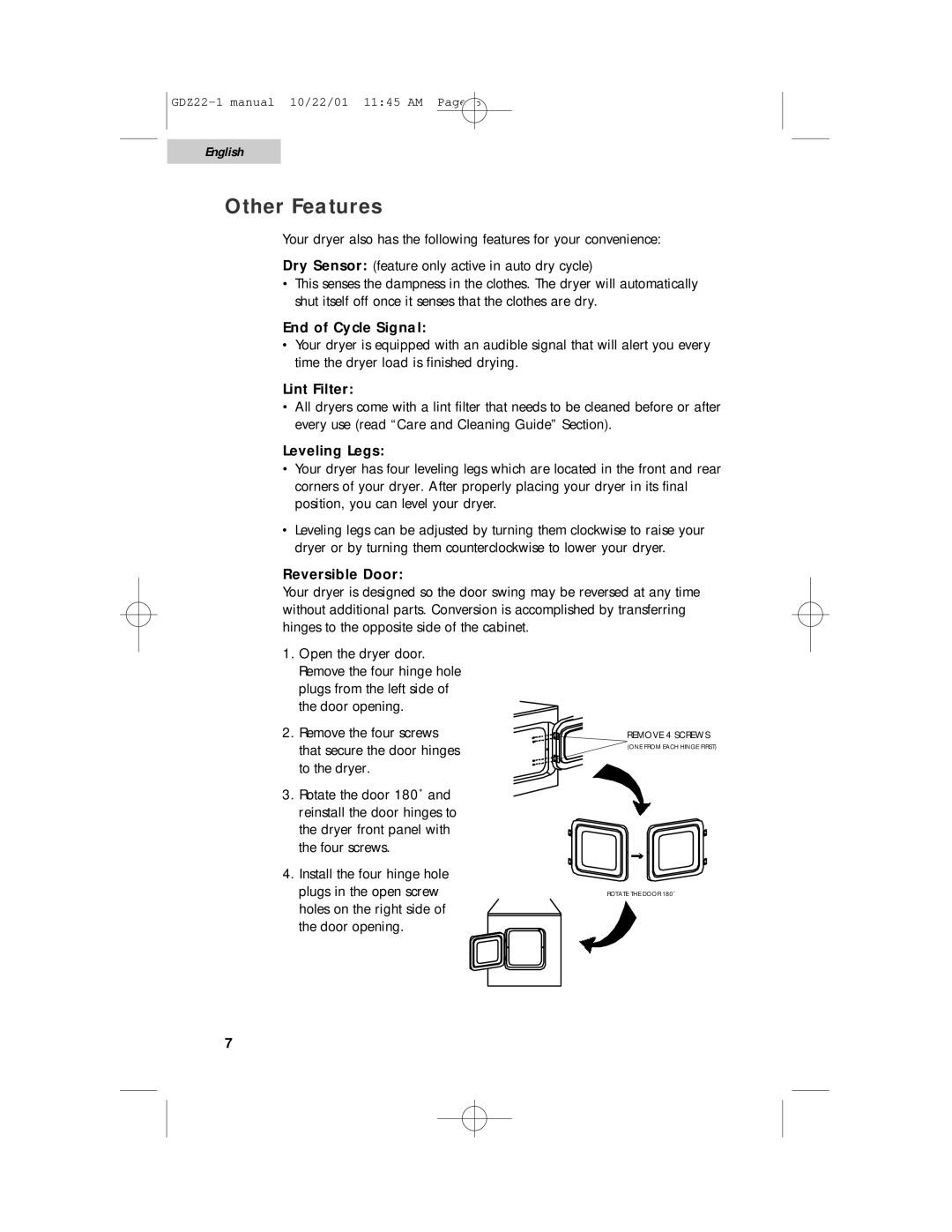 Haier GDZ22-1 user manual Other Features, End of Cycle Signal, Lint Filter, Leveling Legs, Reversible Door 