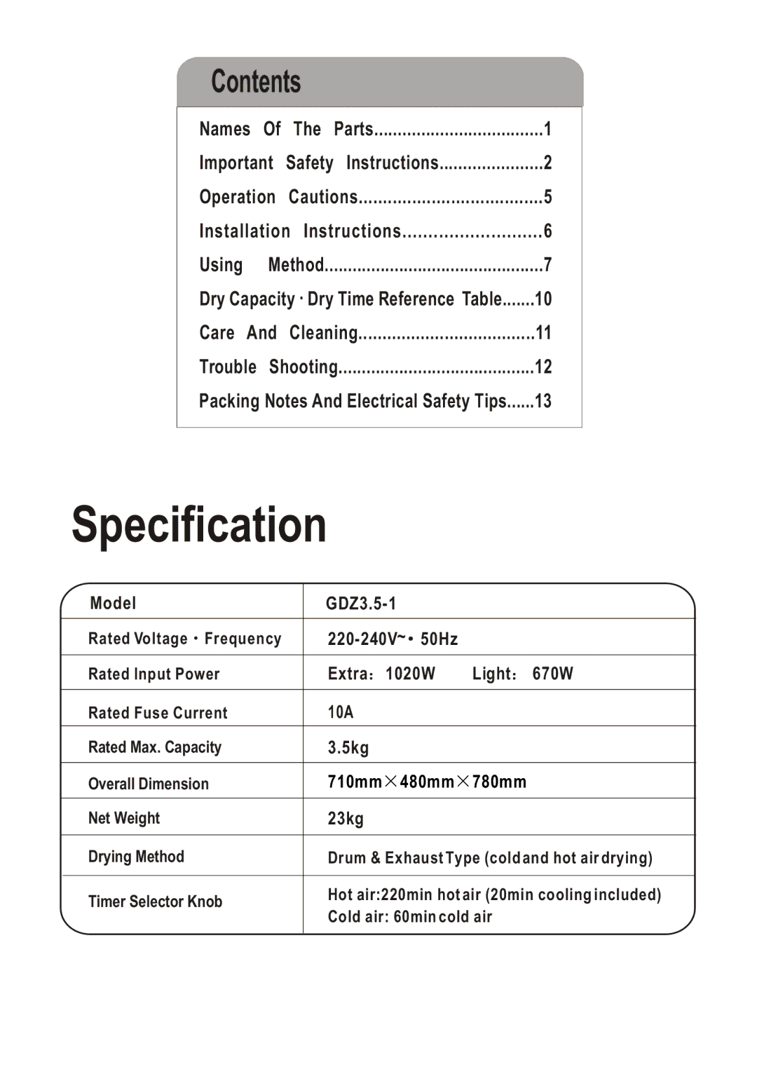 Haier GDZ3.5-1 user manual Specification 