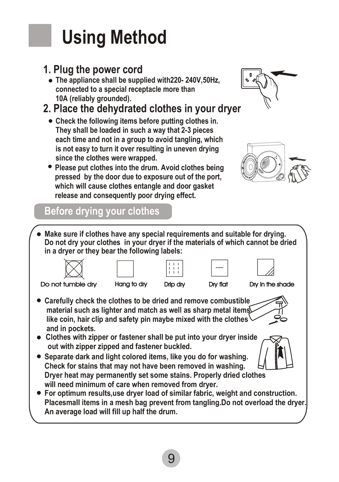 Haier GDZ3.5-61, GDZ5.0-61 user manual Using Method, Plug the power cord, Place the dehydrated clothes in your dryer 