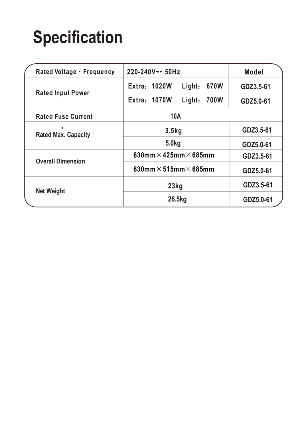 Haier GDZ3.5-61, GDZ5.0-61 user manual Specification 