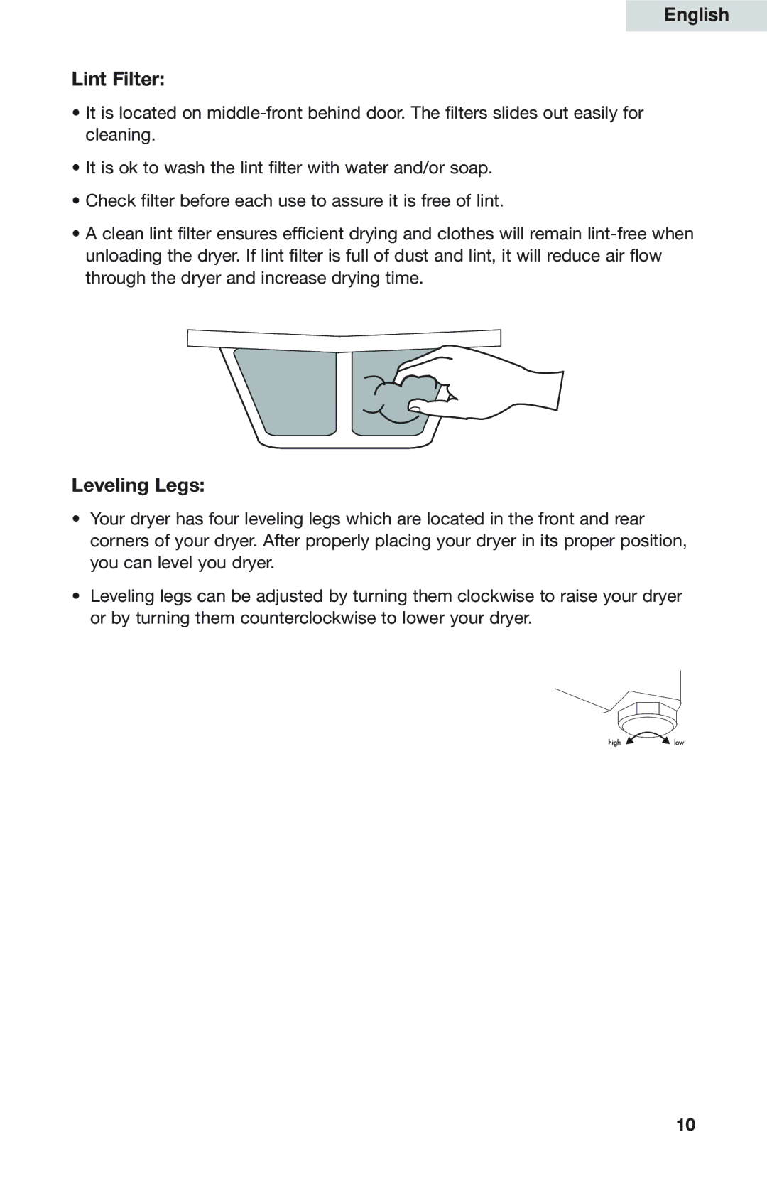 Haier GDZ5-1C user manual Lint Filter, Leveling Legs 