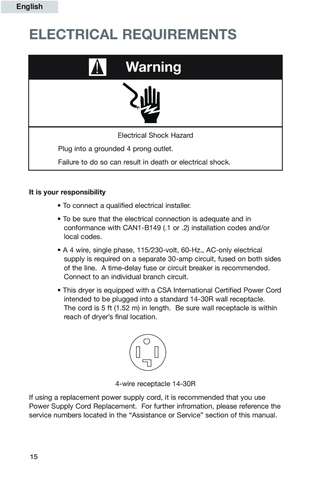 Haier GDZ5-1C user manual Electrical Requirements, It is your responsibility 