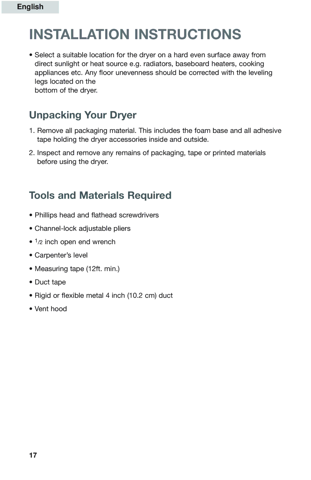 Haier GDZ5-1C user manual Installation Instructions, Unpacking Your Dryer, Tools and Materials Required 