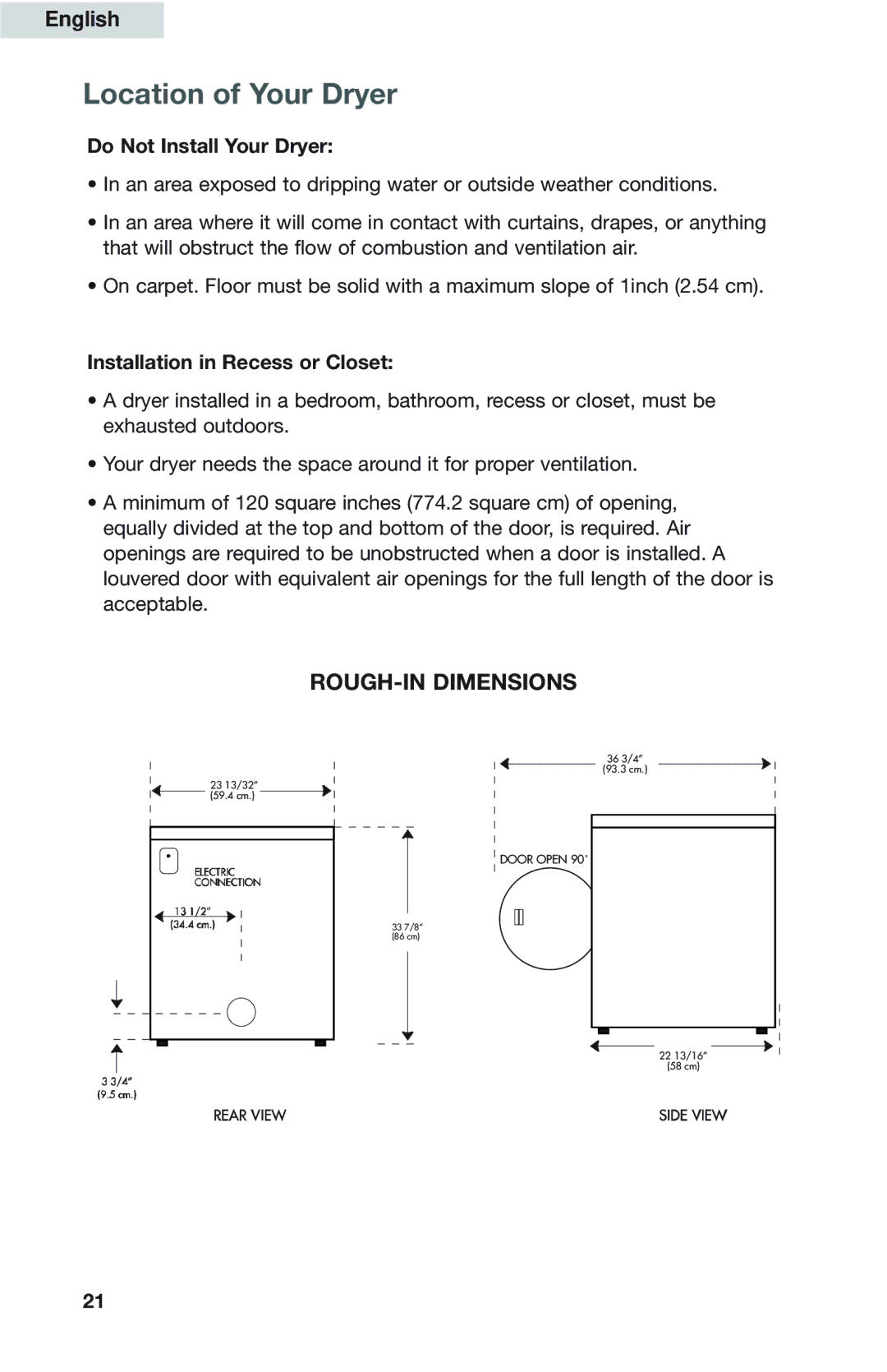 Haier GDZ5-1C user manual Location of Your Dryer, Do Not Install Your Dryer, Installation in Recess or Closet 