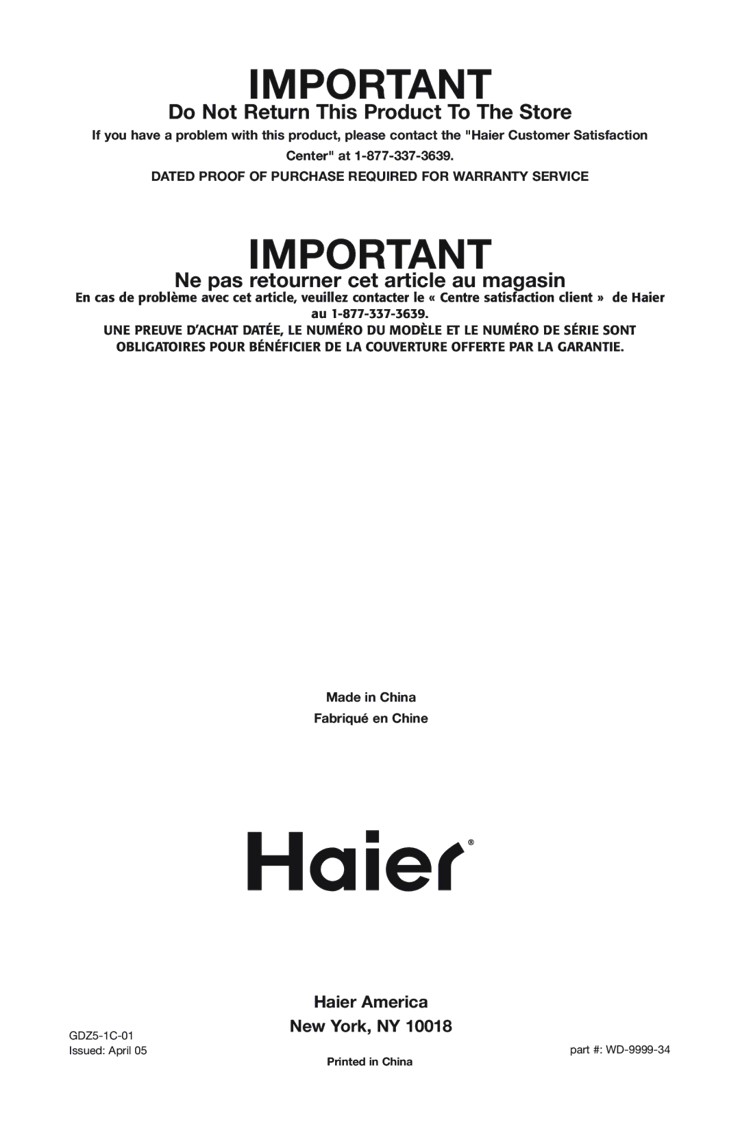 Haier GDZ5-1C user manual Haier America, New York, NY 