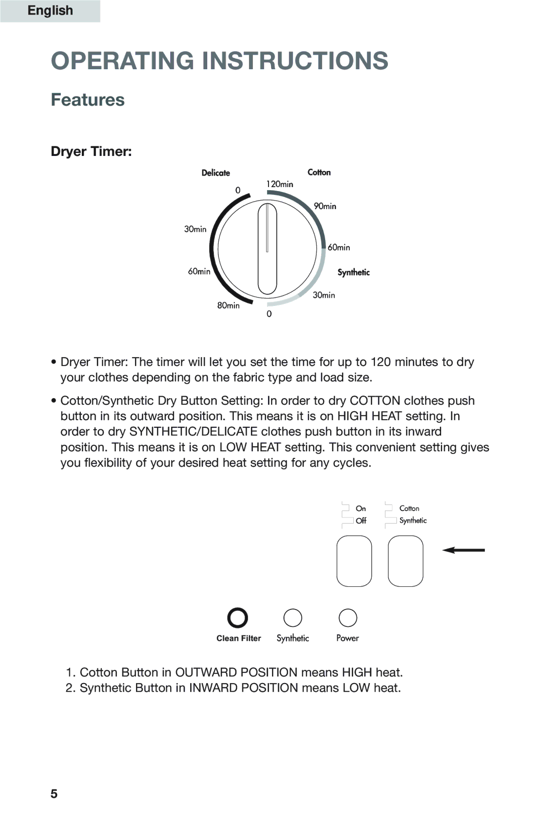 Haier GDZ5-1C user manual Operating Instructions, Features, Dryer Timer 