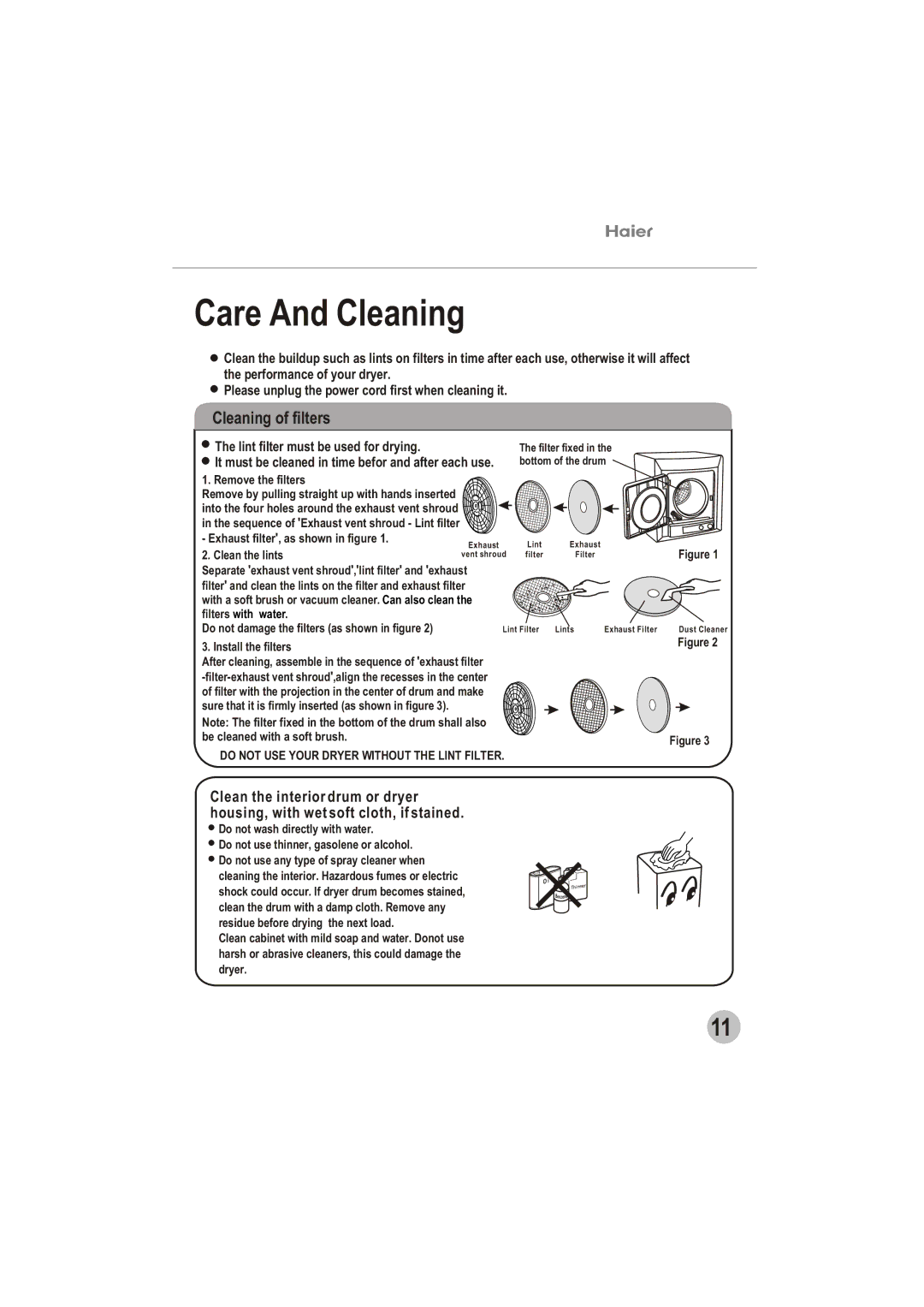 Haier GDZ5.0-1 user manual Care And Cleaning, Cleaning of filters 