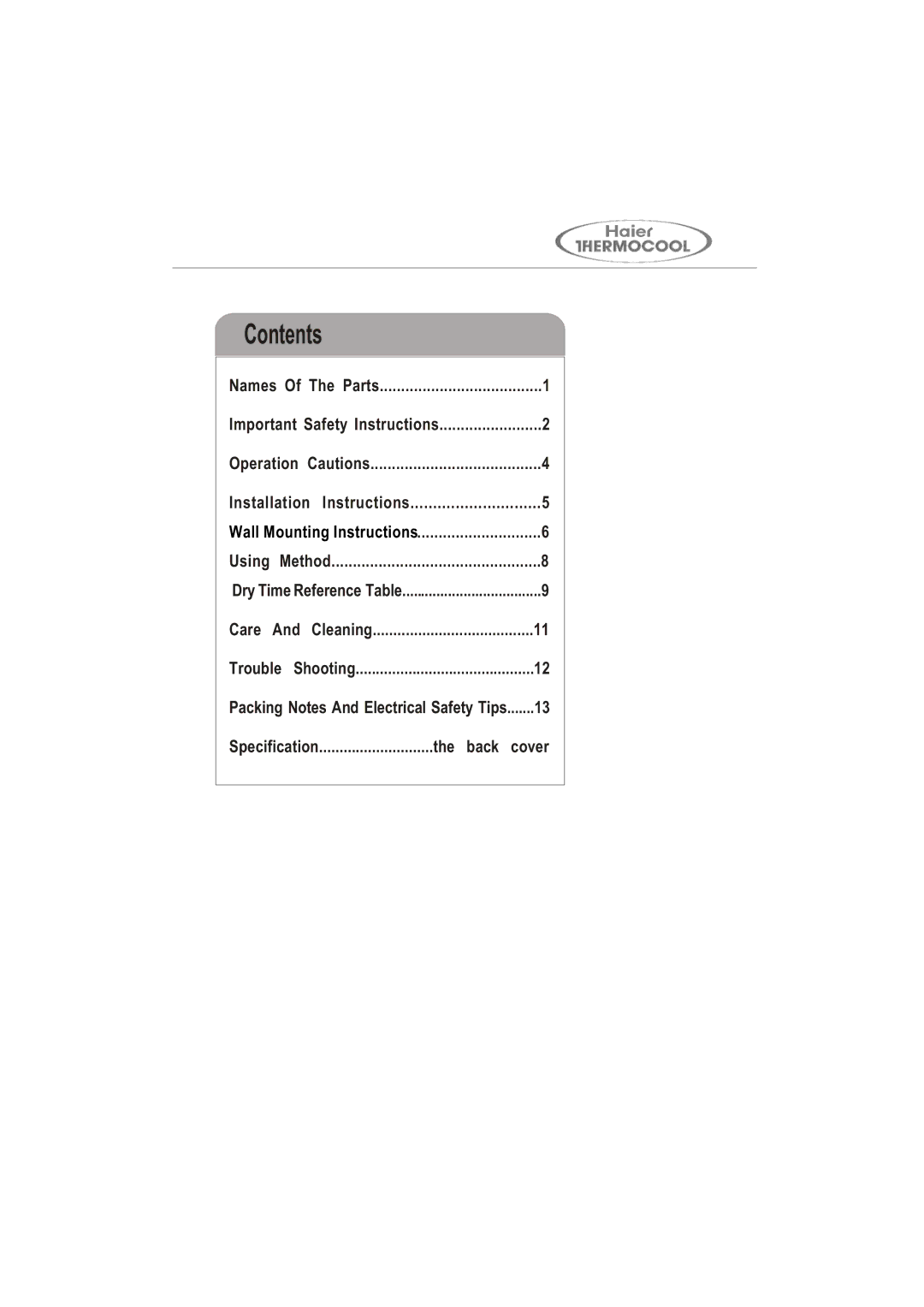 Haier GDZ5.0-1 user manual Contents 