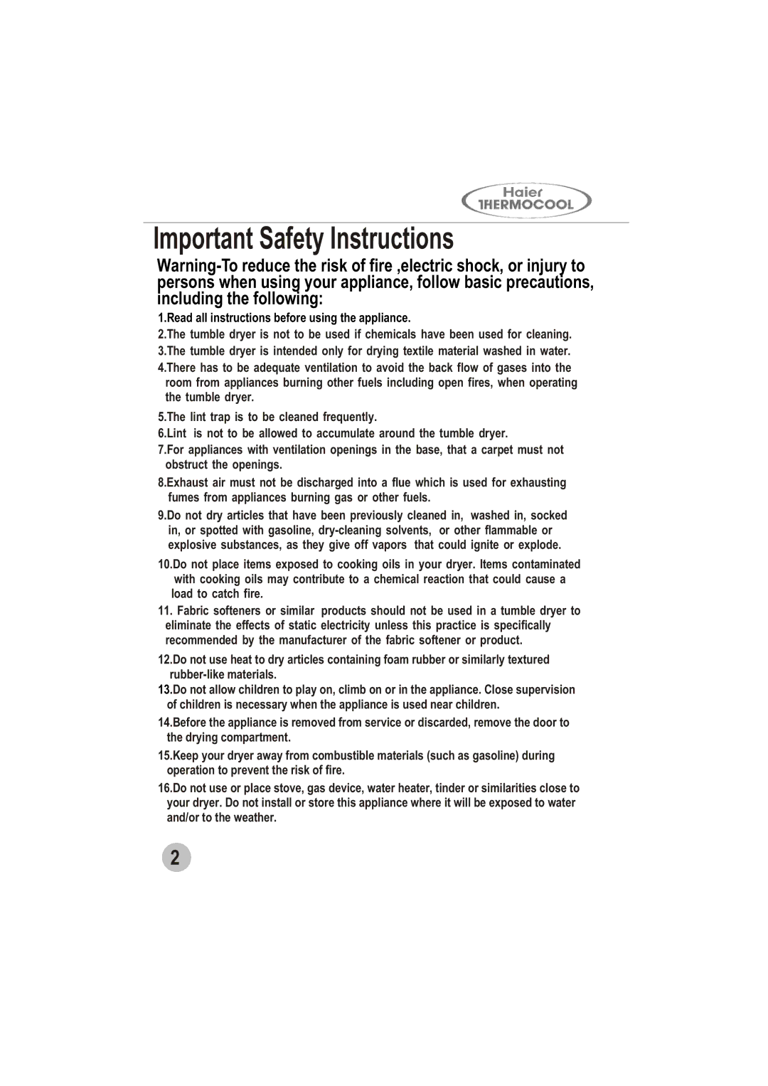 Haier GDZ5.0-1 user manual Important Safety Instructions 