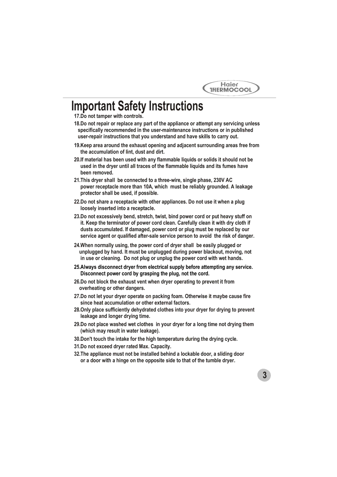 Haier GDZ5.0-1 user manual Important Safety Instructions 