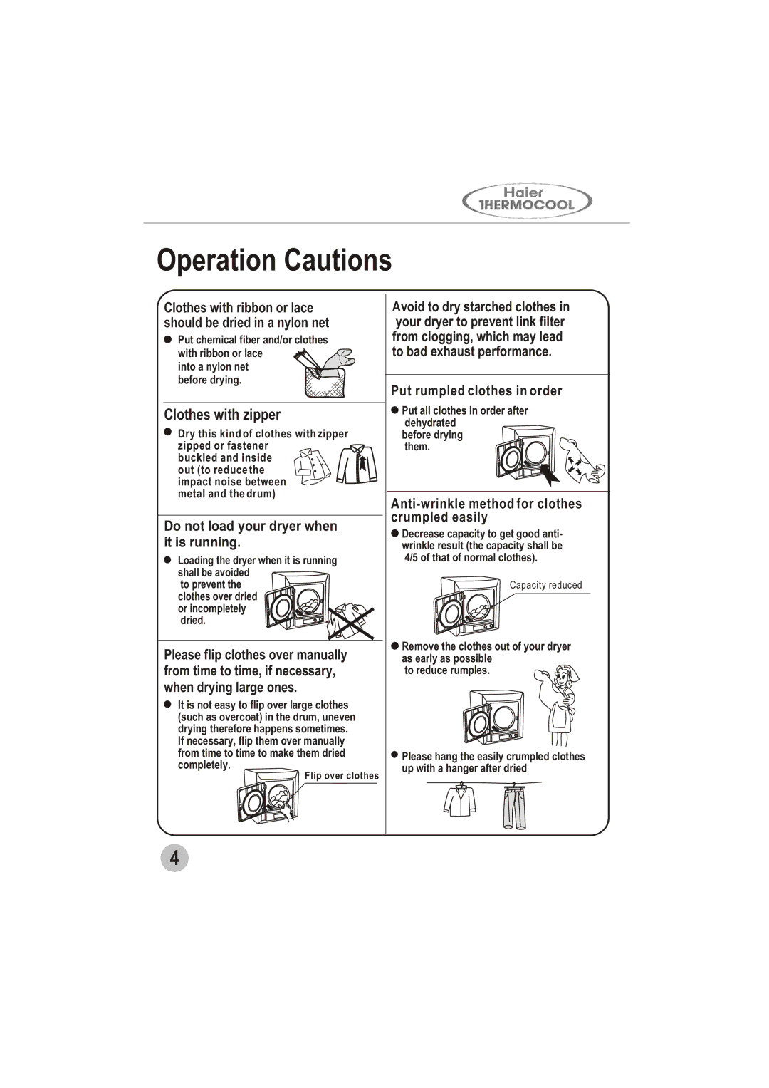 Haier GDZ5.0-1 user manual Operation Cautions, Clothes with zipper 