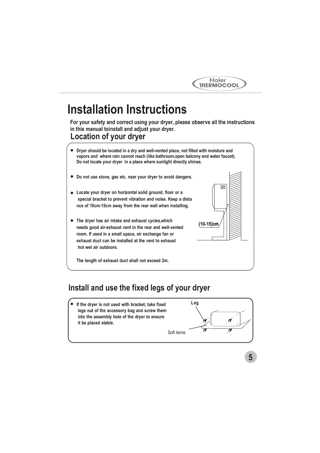 Haier GDZ5.0-1 user manual Installation Instructions, Location of your dryer 