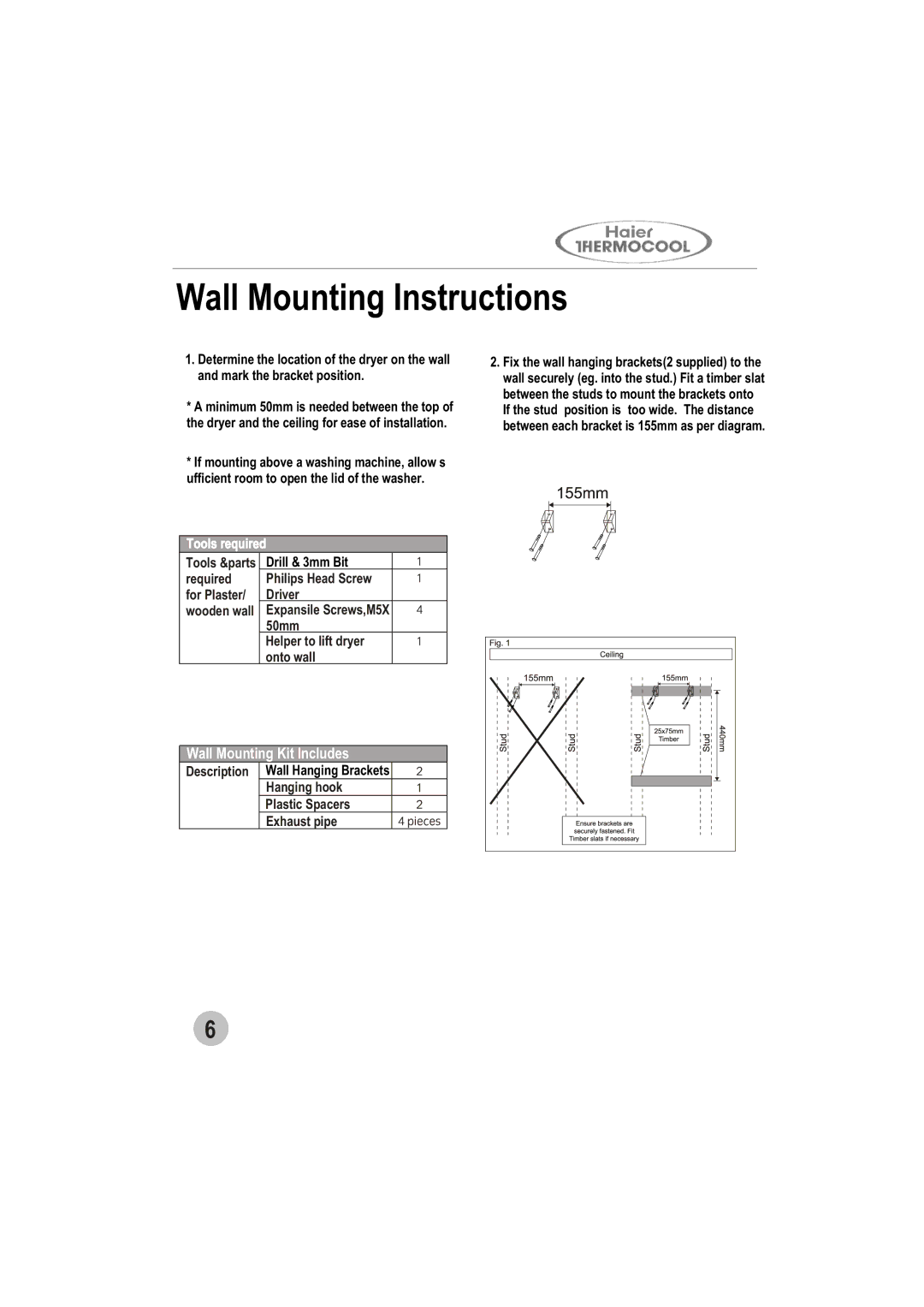 Haier GDZ5.0-1 user manual Wall Mounting Instructions 