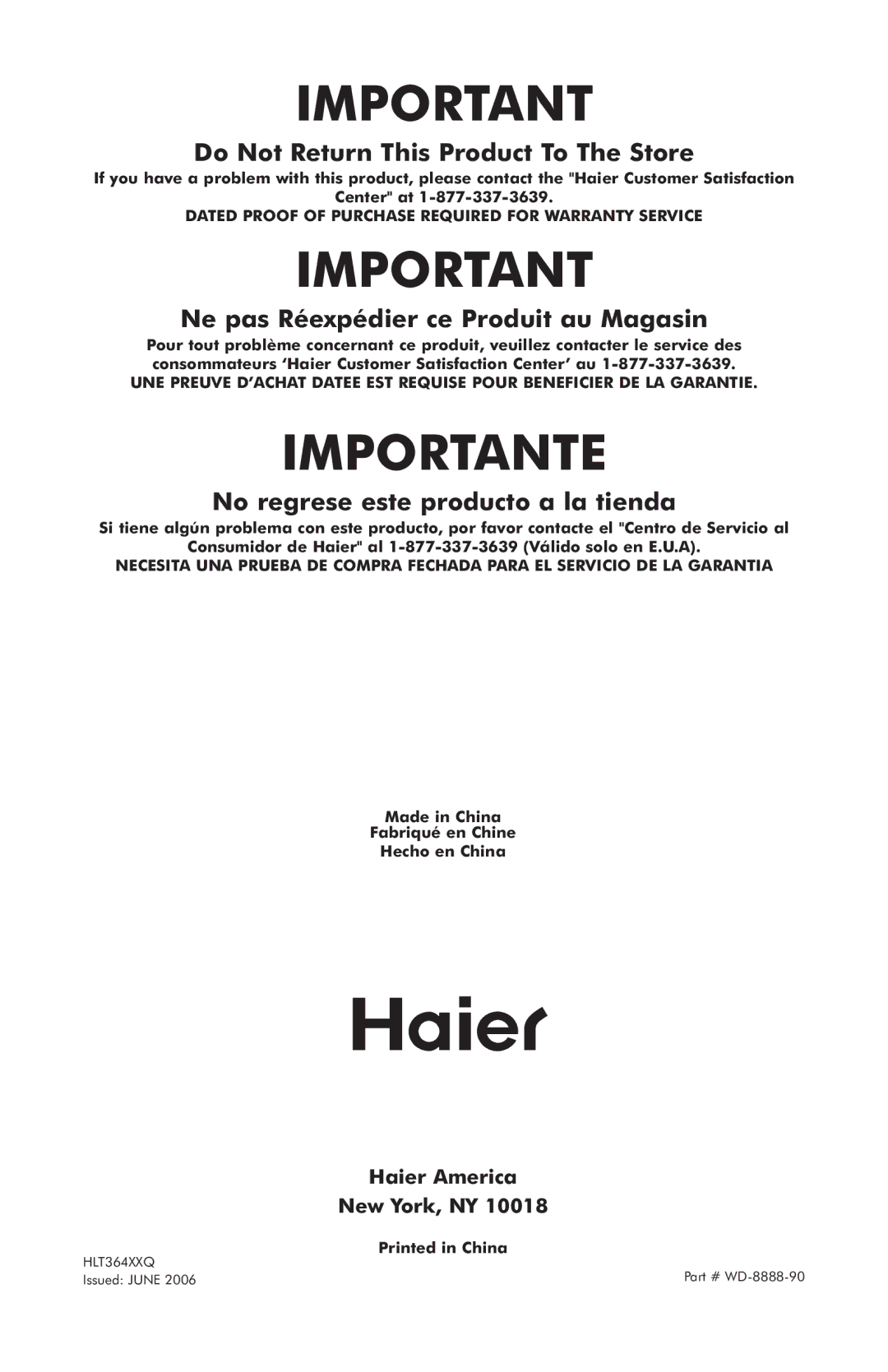 Haier GWT700AW, GWT900AW, GWT800AW user manual Importante, Haier America, New York, NY 