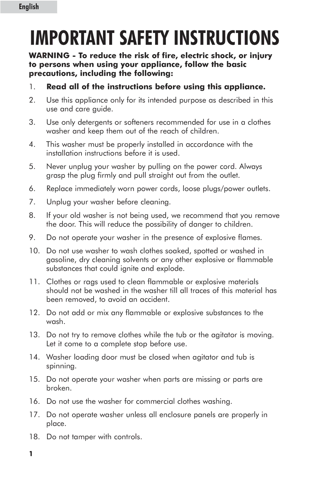 Haier GWT800AW, GWT900AW, GWT700AW user manual Important Safety Instructions 