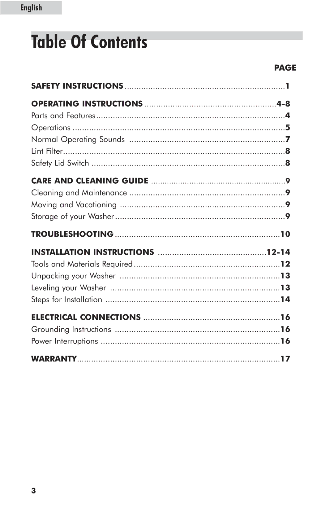 Haier GWT700AW, GWT900AW, GWT800AW user manual Table Of Contents 