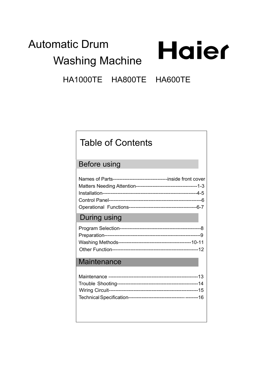 Haier HA600TE, HA800TE, HA1000TE manual Automatic Drum Washing Machine 