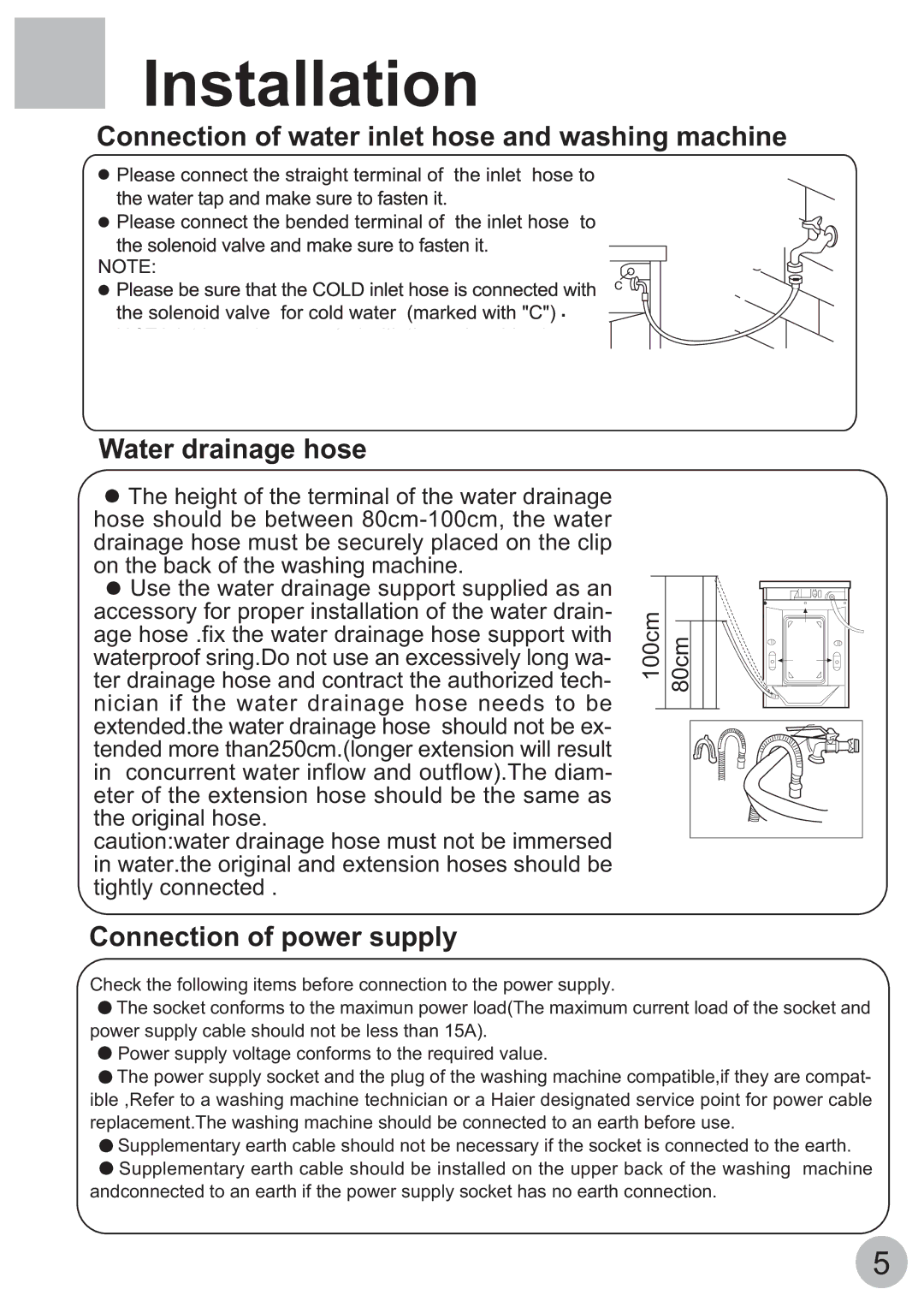 Haier HA600TE, HA800TE, HA1000TE manual Installation, Connection of power supply 