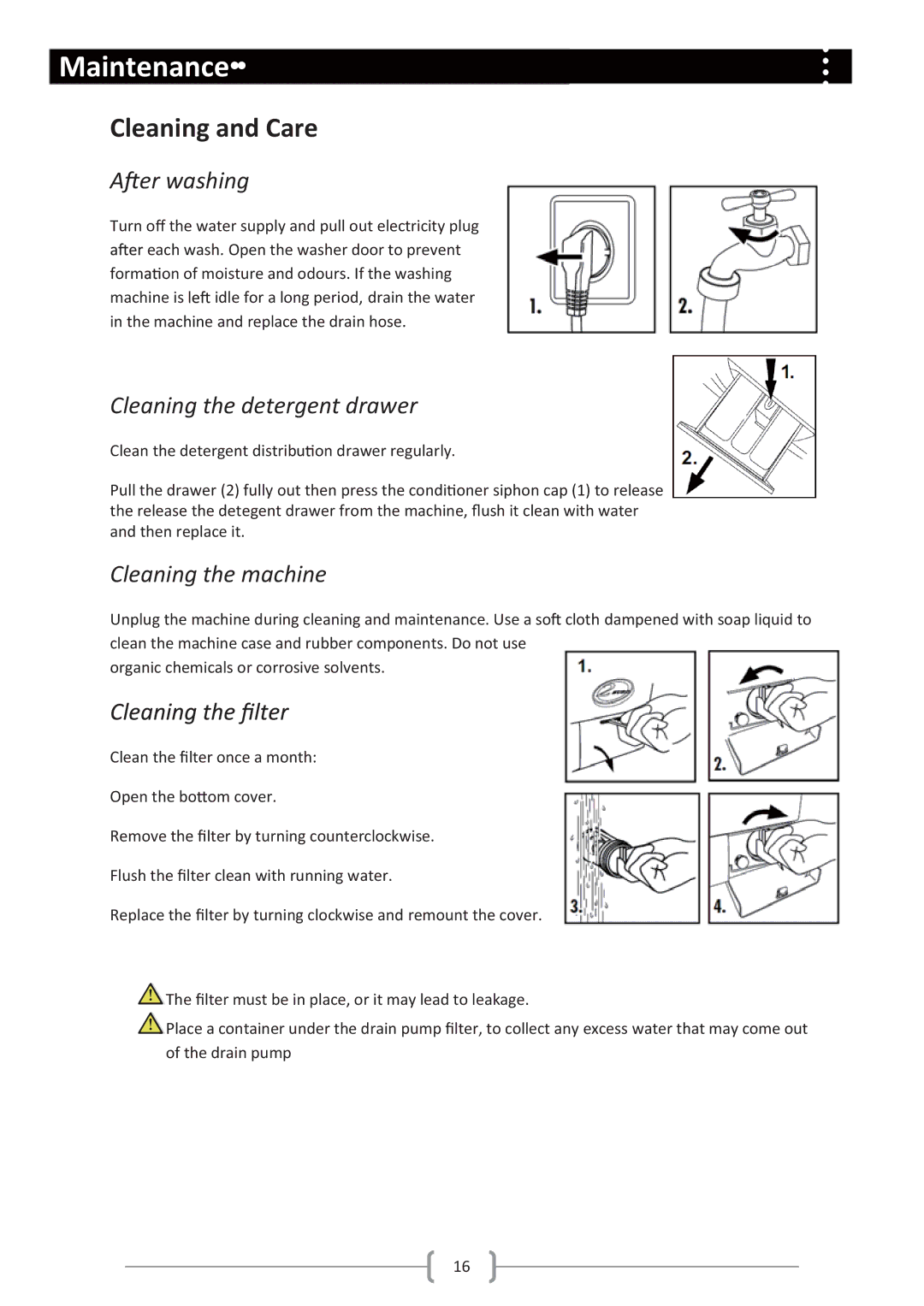 Haier Haier washing machine user manual Maintenance, Cleaning and Care, Cleaning the detergent drawer, Cleaning the machine 