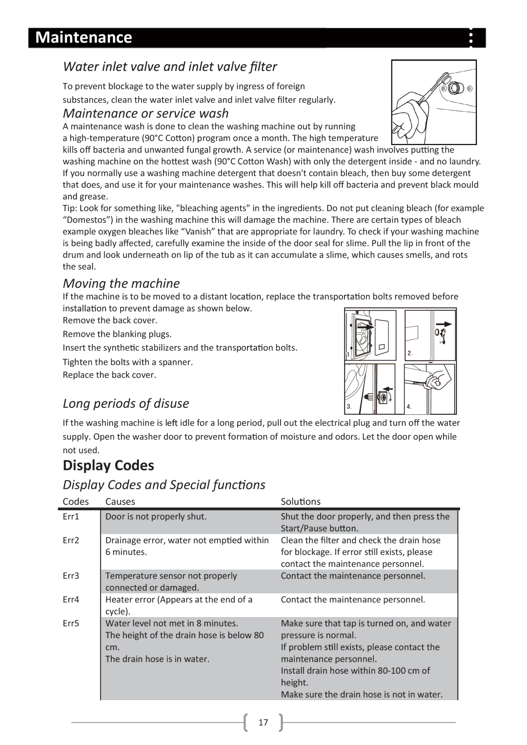 Haier Haier washing machine Display Codes, Maintenance or service wash, Moving the machine, Long periods of disuse 