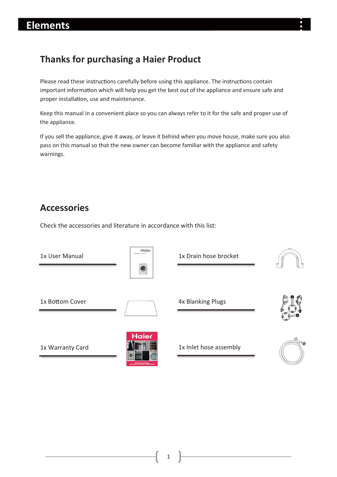 Haier Haier washing machine user manual Elements, Thanks for purchasing a Haier Product, Accessories 