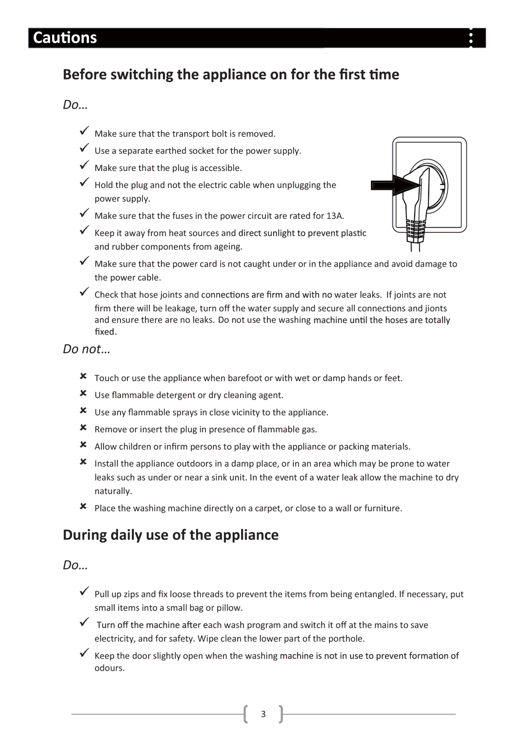 Haier Haier washing machine user manual During daily use of the appliance, Do…, Do not… 