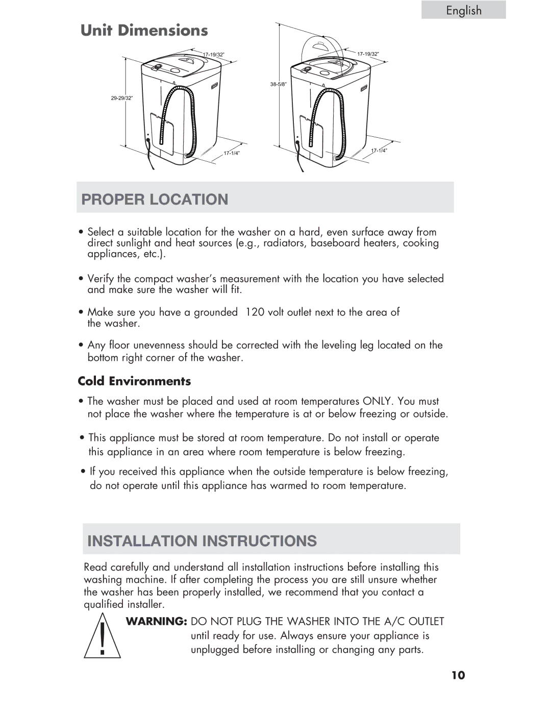 Haier Haier user manual Proper Location, Installation Instructions, Cold Environments 