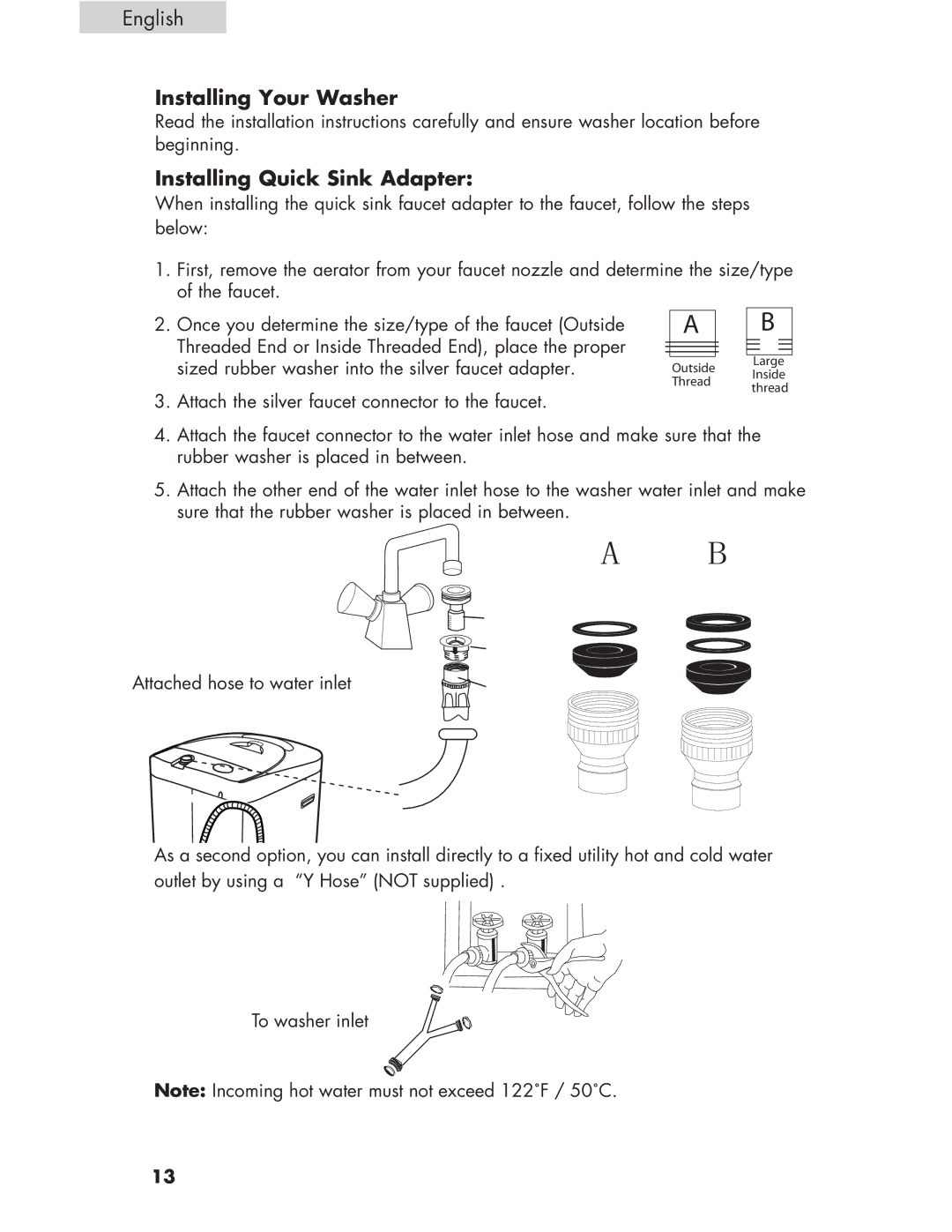 Haier Haier user manual Installing Your Washer, Installing Quick Sink Adapter 