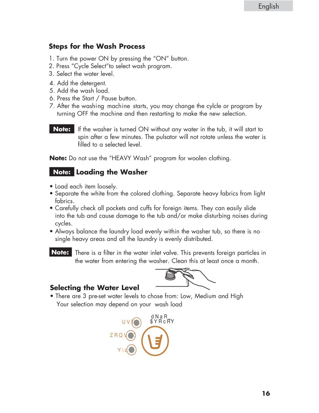 Haier Haier user manual Steps for the Wash Process, Selecting the Water Level 