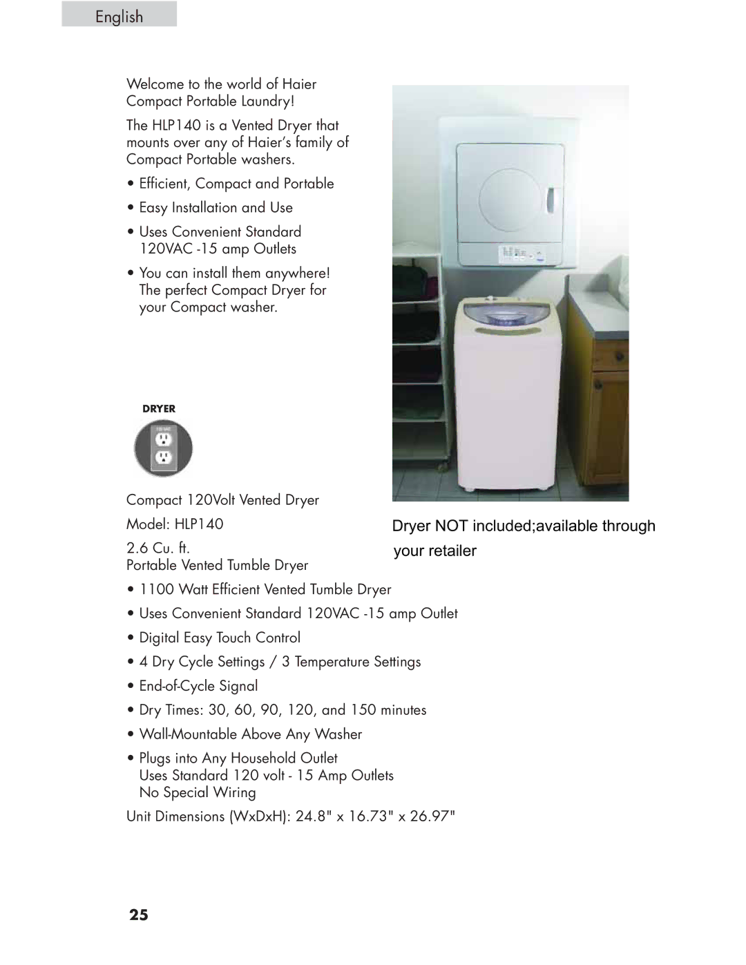 Haier Haier user manual Dryer not includedavailable through Your retailer 