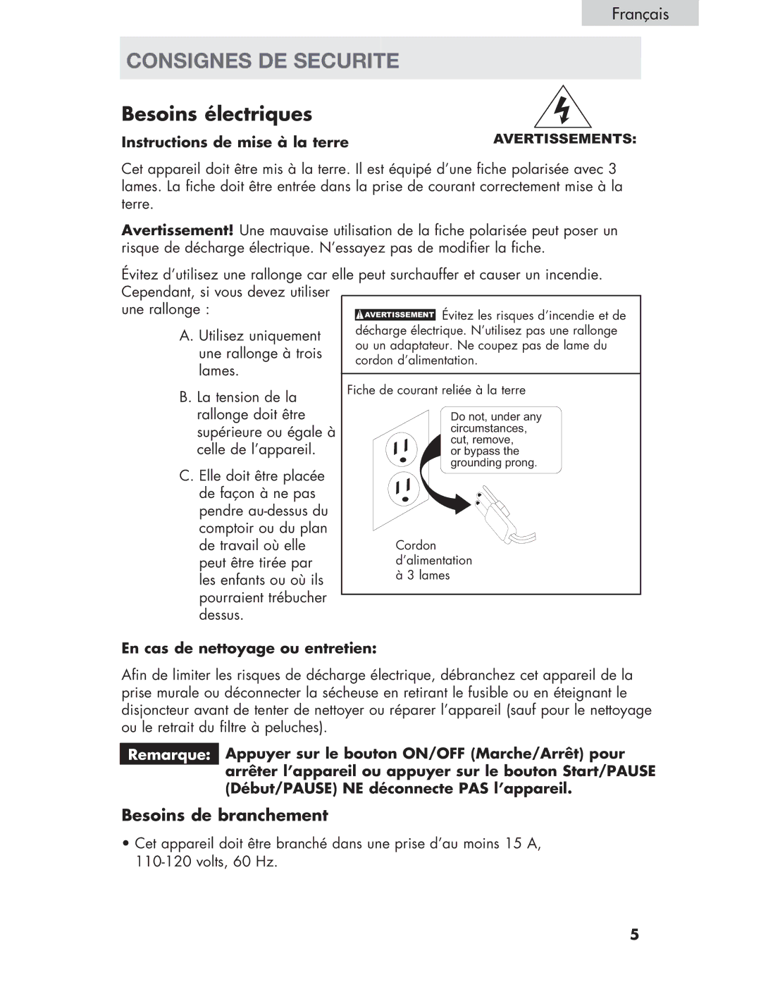 Haier Haier user manual Consignes DE Securite, Besoins de branchement, Instructions de mise à la terre 