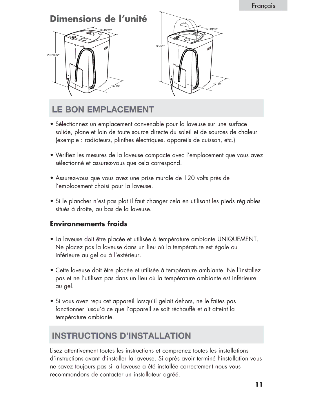 Haier Haier user manual LE BON Emplacement, Instructions D’INSTALLATION, Environnements froids 