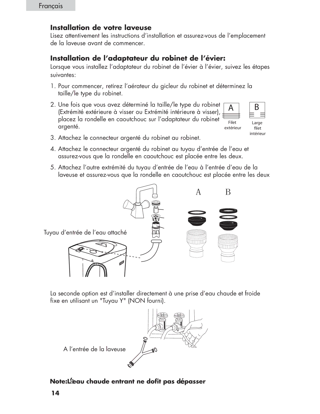 Haier Haier user manual Installation de votre laveuse, Installation de l’adaptateur du robinet de l’évier 