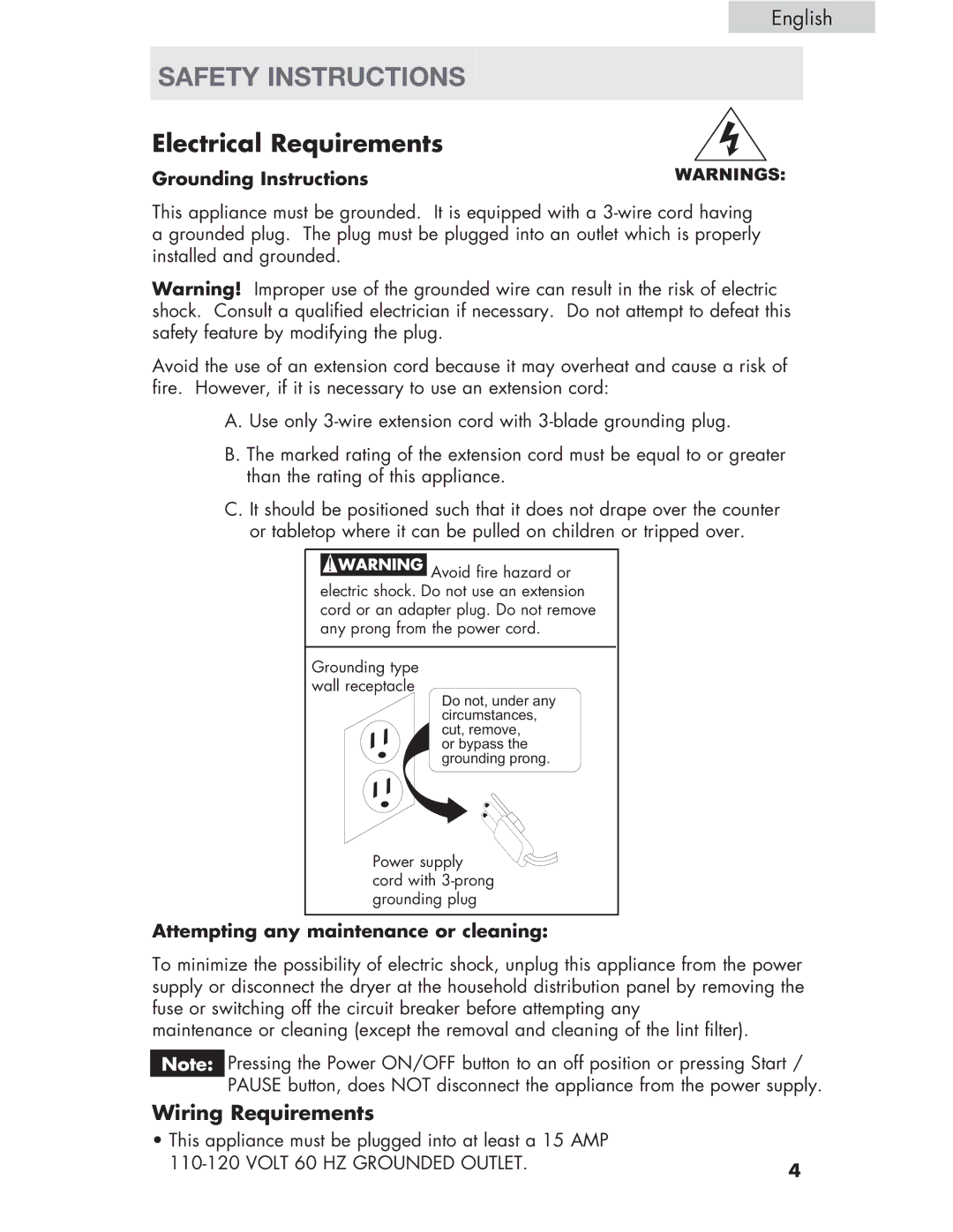 Haier Haier Safety Instructions, Wiring Requirements, Grounding Instructions, Attempting any maintenance or cleaning 