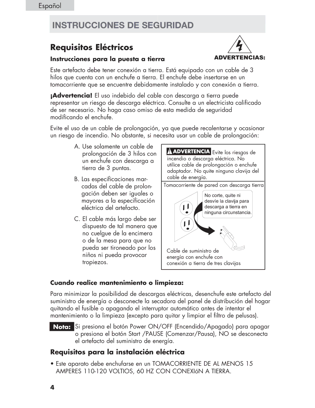 Haier Haier Instrucciones DE Seguridad, Requisitos para la instalación eléctrica, Instrucciones para la puesta a tierra 