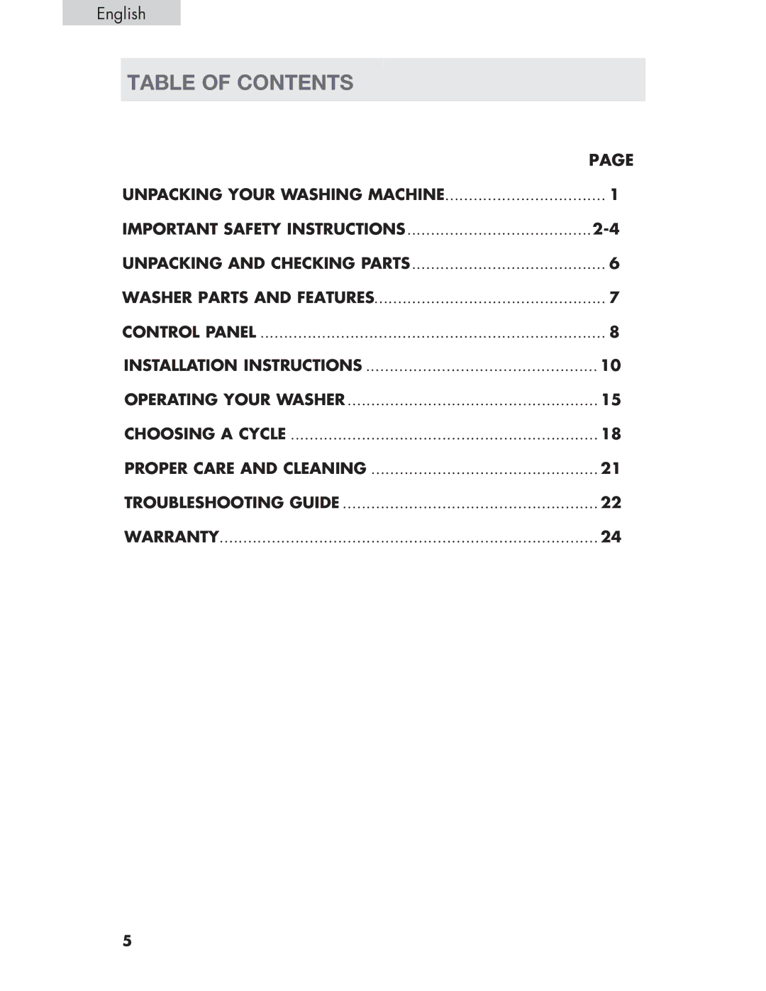 Haier Haier user manual Table of Contents 