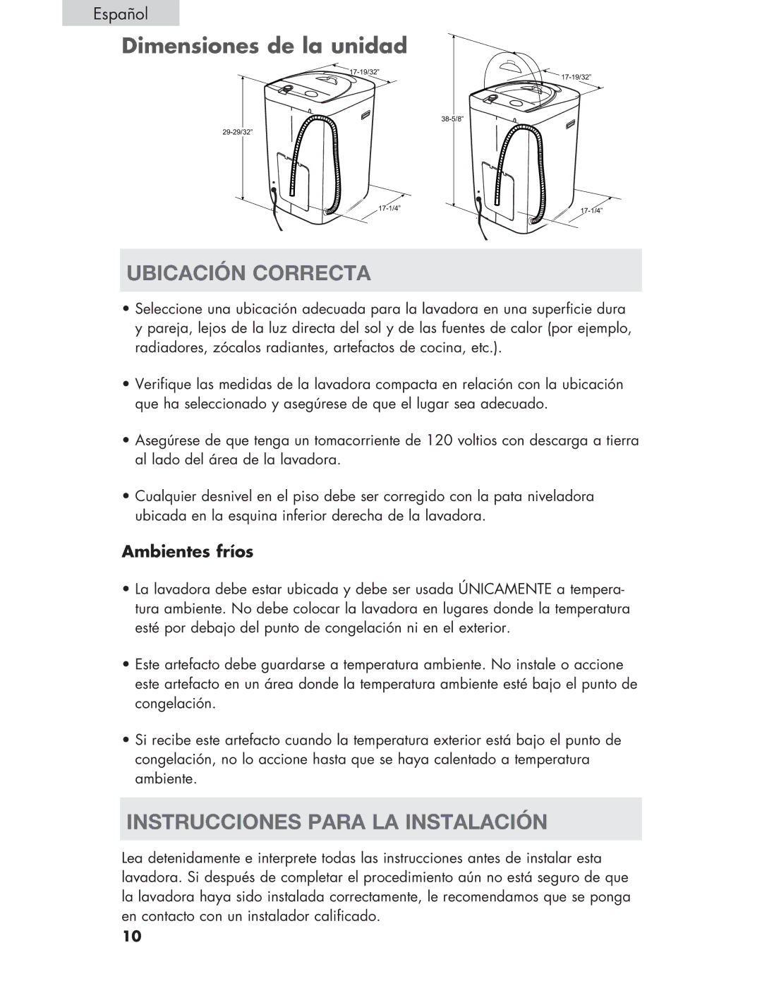 Haier Haier user manual Ubicación Correcta, Instrucciones Para LA Instalación, Ambientes fríos 