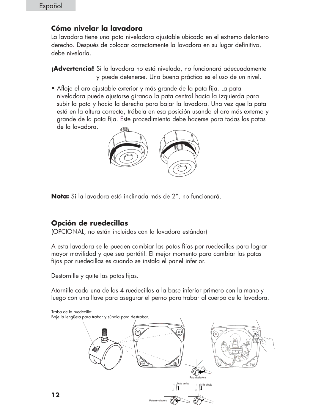 Haier Haier user manual Cómo nivelar la lavadora, Opción de ruedecillas 