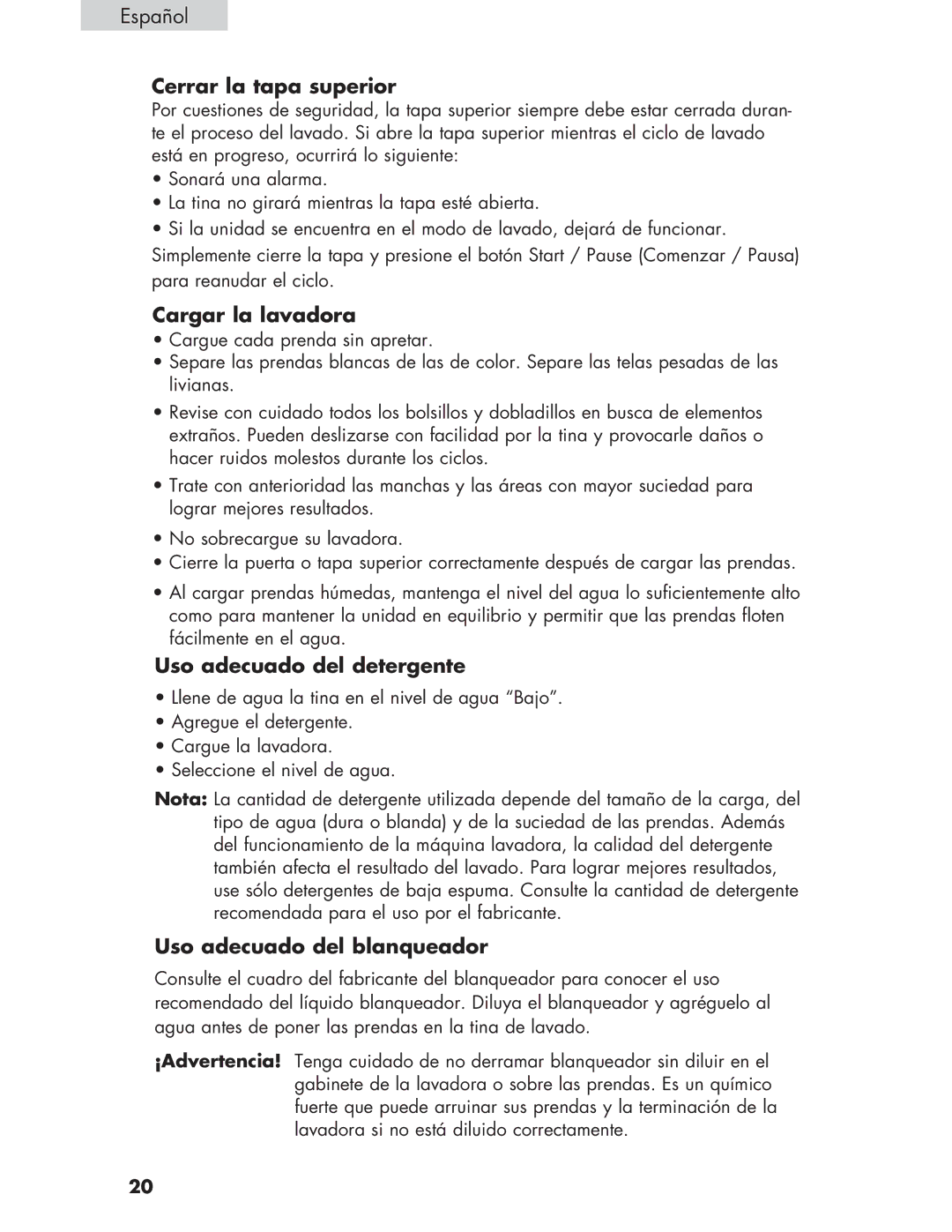 Haier Haier Cerrar la tapa superior, Cargar la lavadora, Uso adecuado del detergente, Uso adecuado del blanqueador 