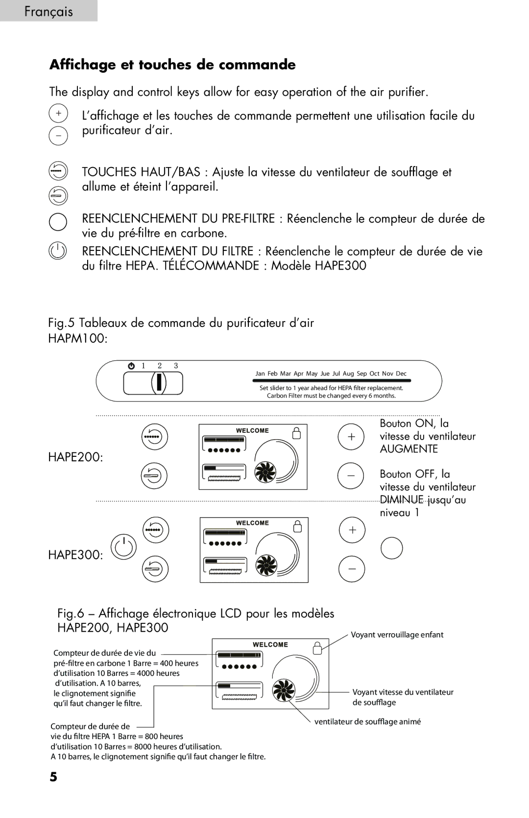 Haier HAPE300, HAPE200, HAPM100 user manual Affichage et touches de commande, Voyant verrouillage enfant 