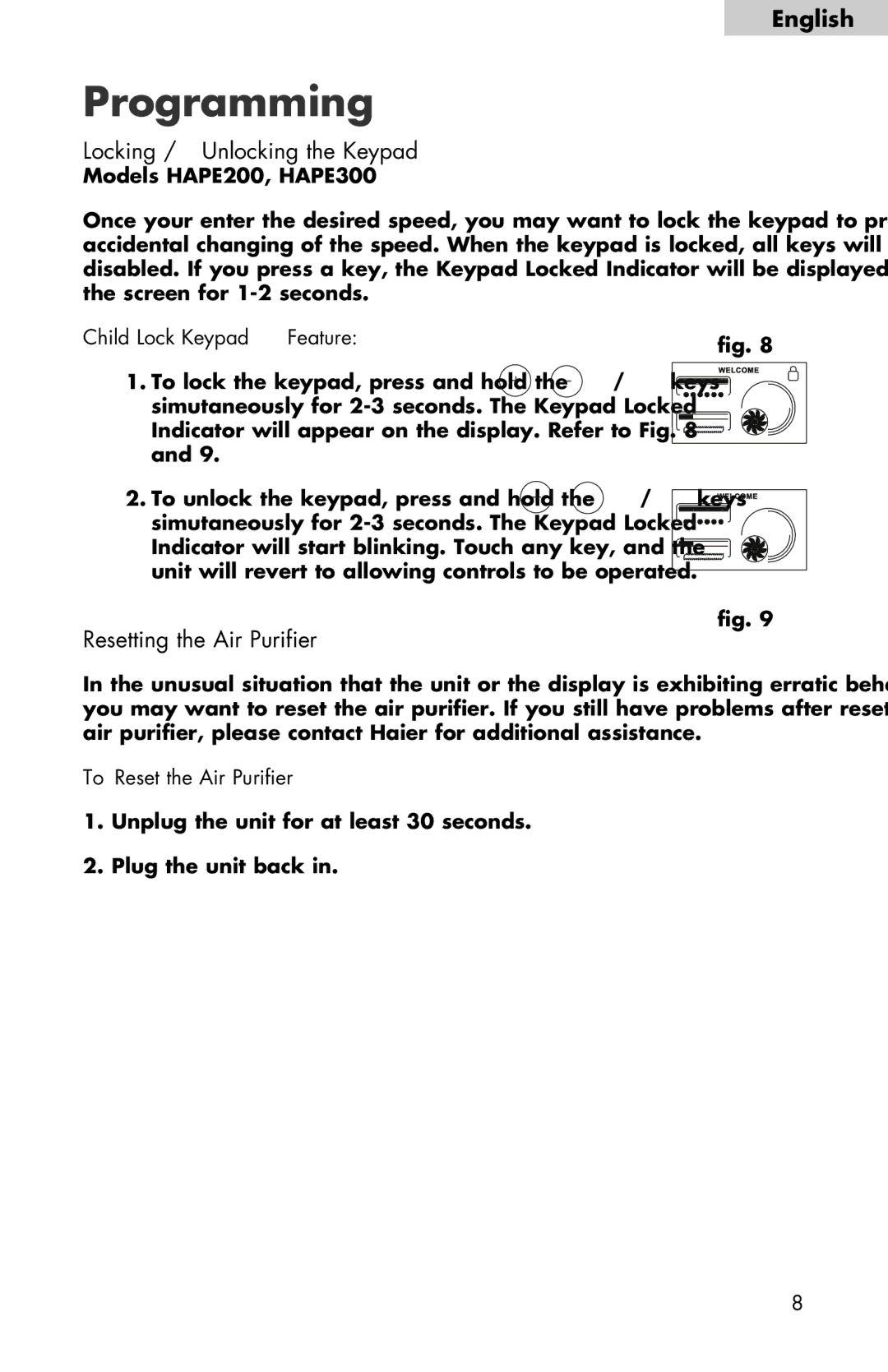 Haier HAPE200, HAPM100 Programming, Locking / Unlocking the Keypad, Resetting the Air Purifier, Child Lock Keypad Feature 