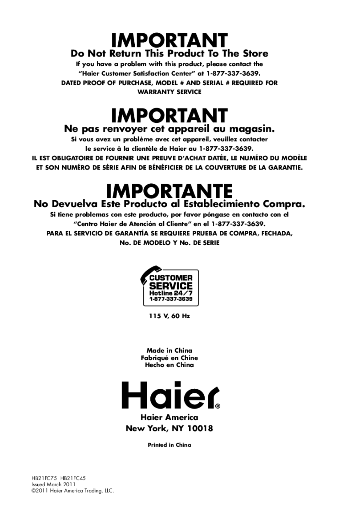 Haier HB21FC75, HB21FC45 user manual Importante 