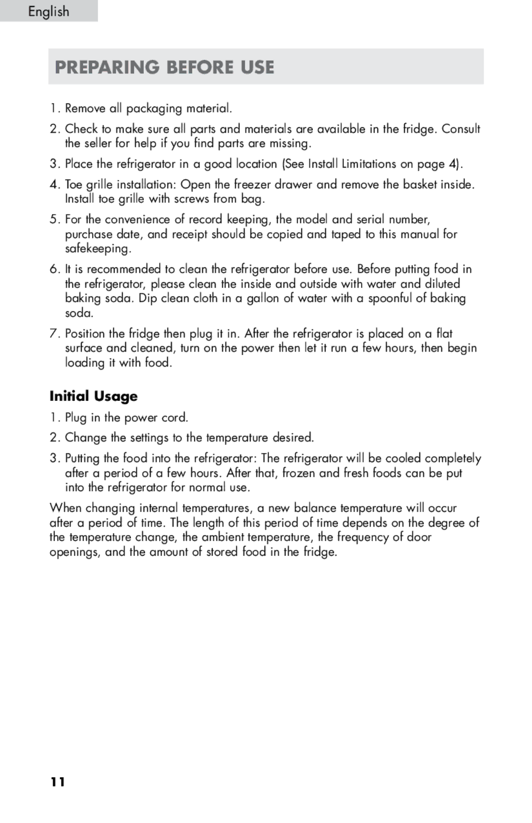 Haier HB21FC45, HB21FC75 user manual Preparing before Use, Initial Usage 