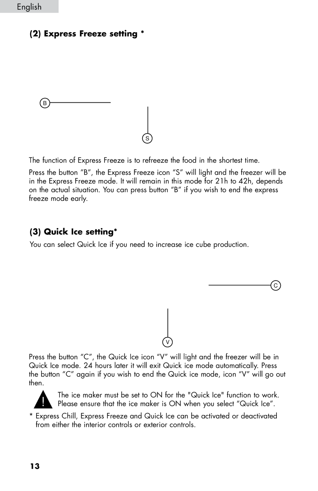 Haier HB21FC45, HB21FC75 user manual Express Freeze setting, Quick Ice setting 