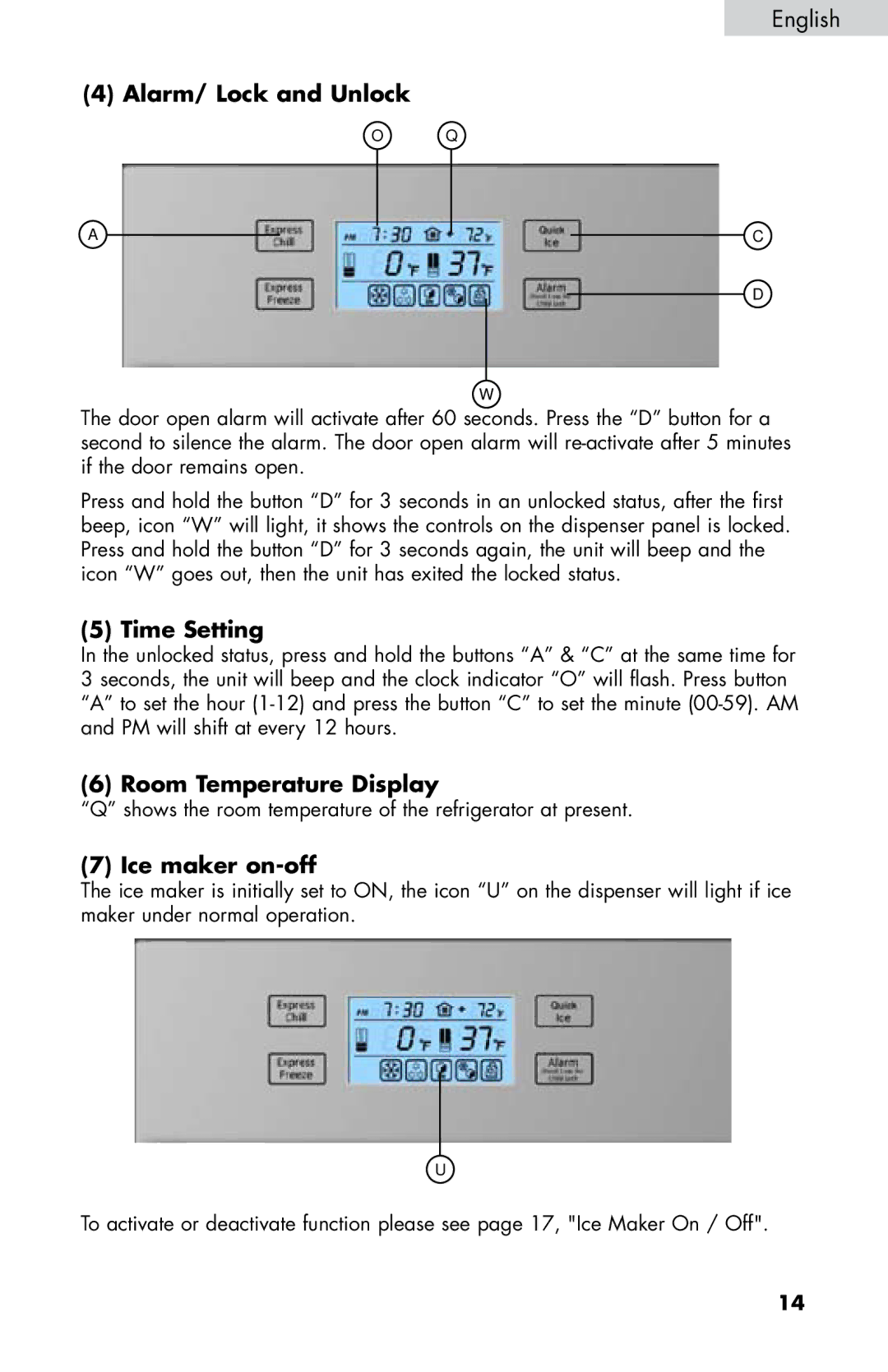 Haier HB21FC75, HB21FC45 user manual Alarm/ Lock and Unlock, Time Setting, Room Temperature Display, Ice maker on-off 