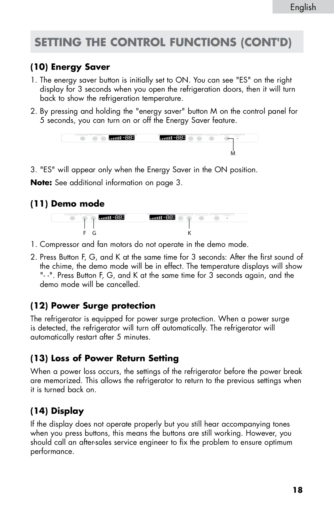 Haier HB21FC75, HB21FC45 user manual Energy Saver, Demo mode, Power Surge protection, Loss of Power Return Setting, Display 