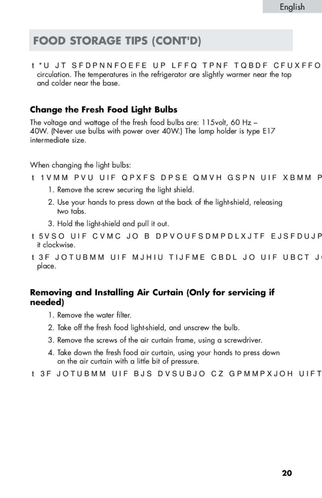 Haier HB21FC75, HB21FC45 user manual Food Storage Tips contd, Change the Fresh Food Light Bulbs 